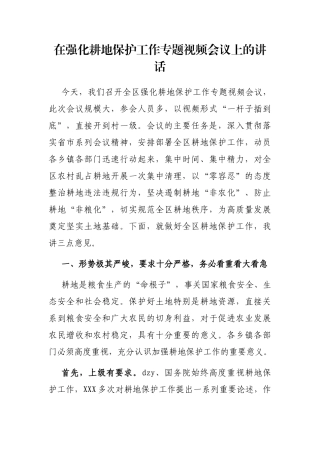 在强化耕地保护工作专题视频会议上的讲话