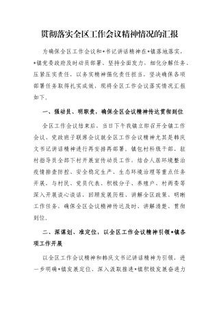 贯彻落实全区工作会议精神情况的汇报