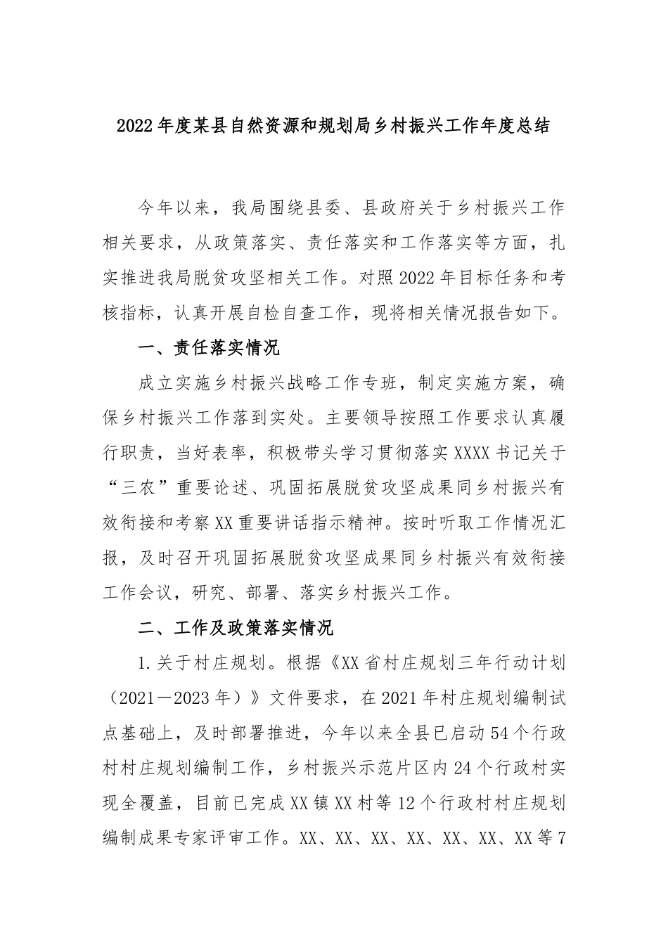 2022年度县自然资源和规划局乡村振兴工作年度总结_第1页