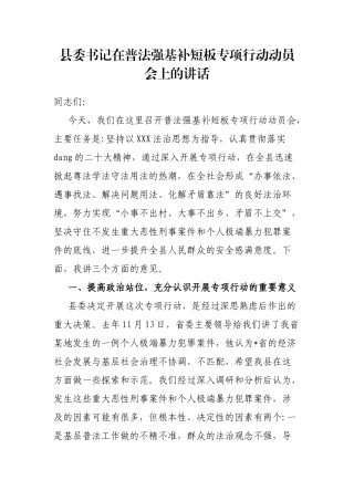 县委书记在普法强基补短板专项行动动员会上的讲话
