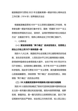 能源集团学习贯彻2023年主题教育第一期读书班心得体会及工作打算（世界观和方法论）