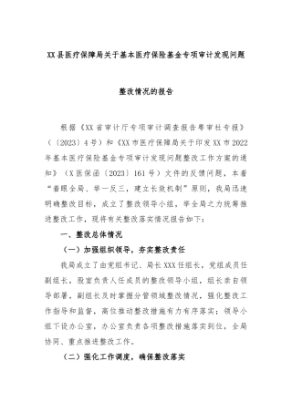县医疗保障局基本医疗保险基金专项审计发现问题整改情况的报告