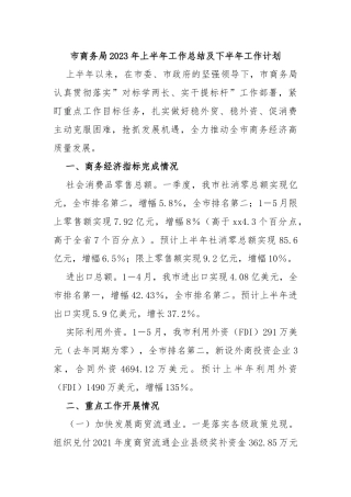 市商务局2023年上半年工作总结及下半年工作计划