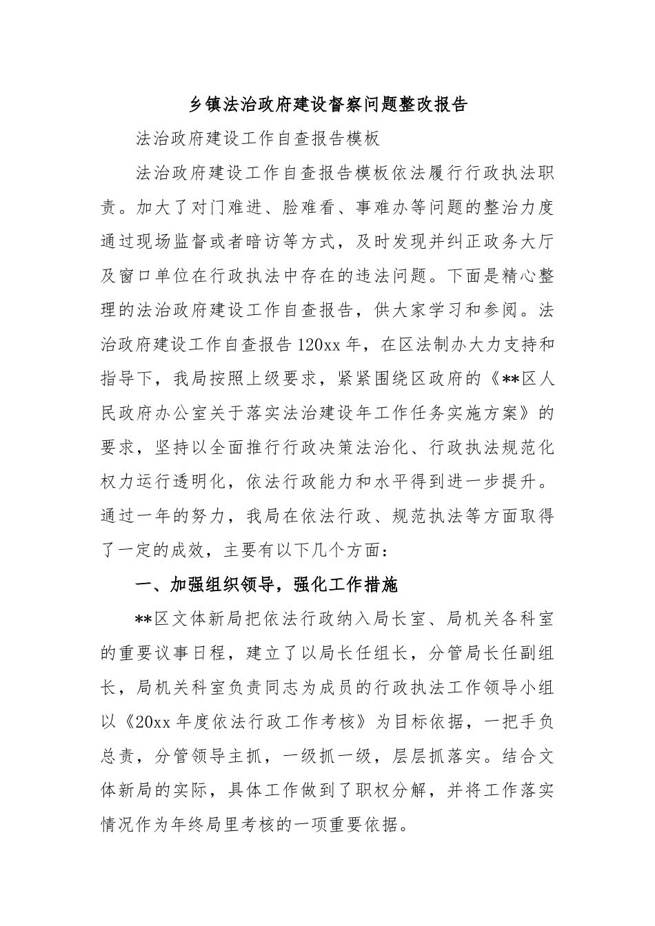 乡镇法治政府建设督察问题整改报告_第1页