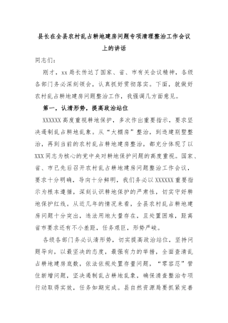 县长在全县农村乱占耕地建房问题专项清理整治工作会议上的讲话