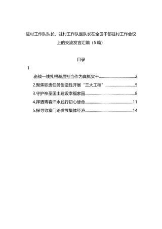 驻村工作队队长、驻村工作队副队长在全区干部驻村工作会议上的交流发言汇编（5篇）