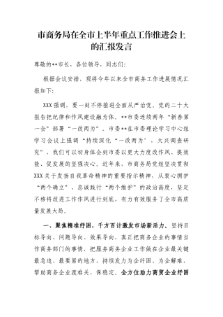 市商务局在全市上半年重点工作推进会上的汇报发言