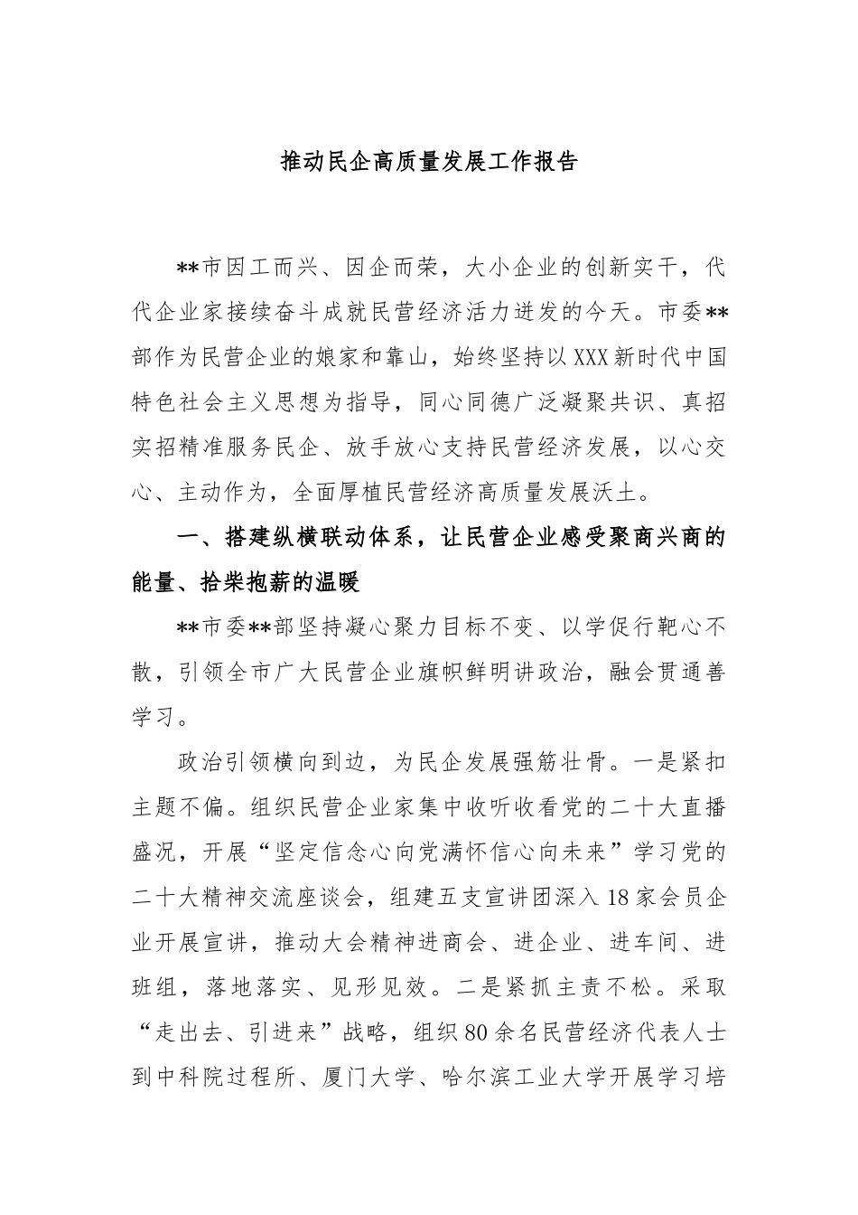 推动民企高质量发展工作报告_第1页