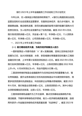 银行2023年上半年金融服务工作总结和下半年计划（汇报报告）