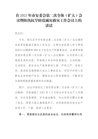 在2023年市安委会第二次全体（扩大）会议暨防汛抗旱防震减灾救灾工作会议上的讲话