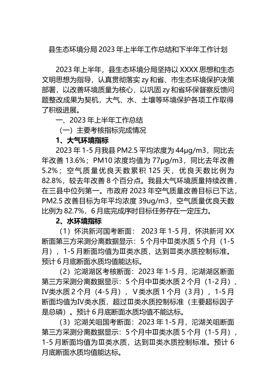 县生态环境分局2023年上半年工作总结和下半年工作计划_第1页