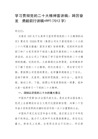 学习贯彻党的二十大精神宣讲稿：踔厉奋发 +勇毅前行讲稿