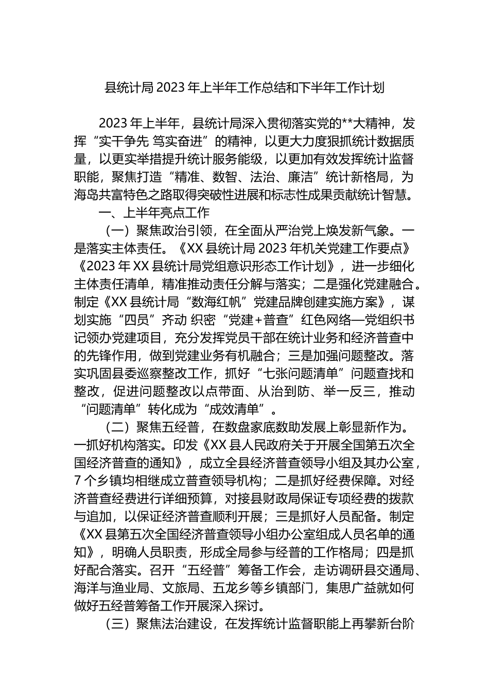 县统计局2023年上半年工作总结和下半年工作计划_第1页