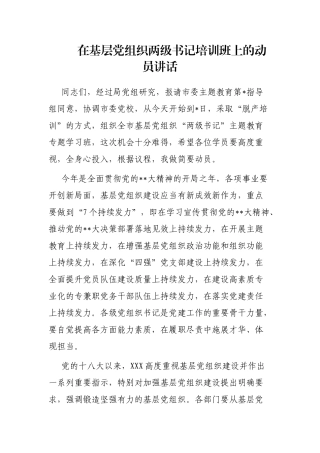在基层党组织两级书记培训班上的动员讲话