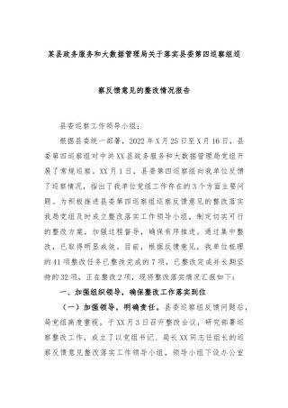 县政务服务和大数据管理局落实县委第四巡察组巡察反馈意见的整改情况报告