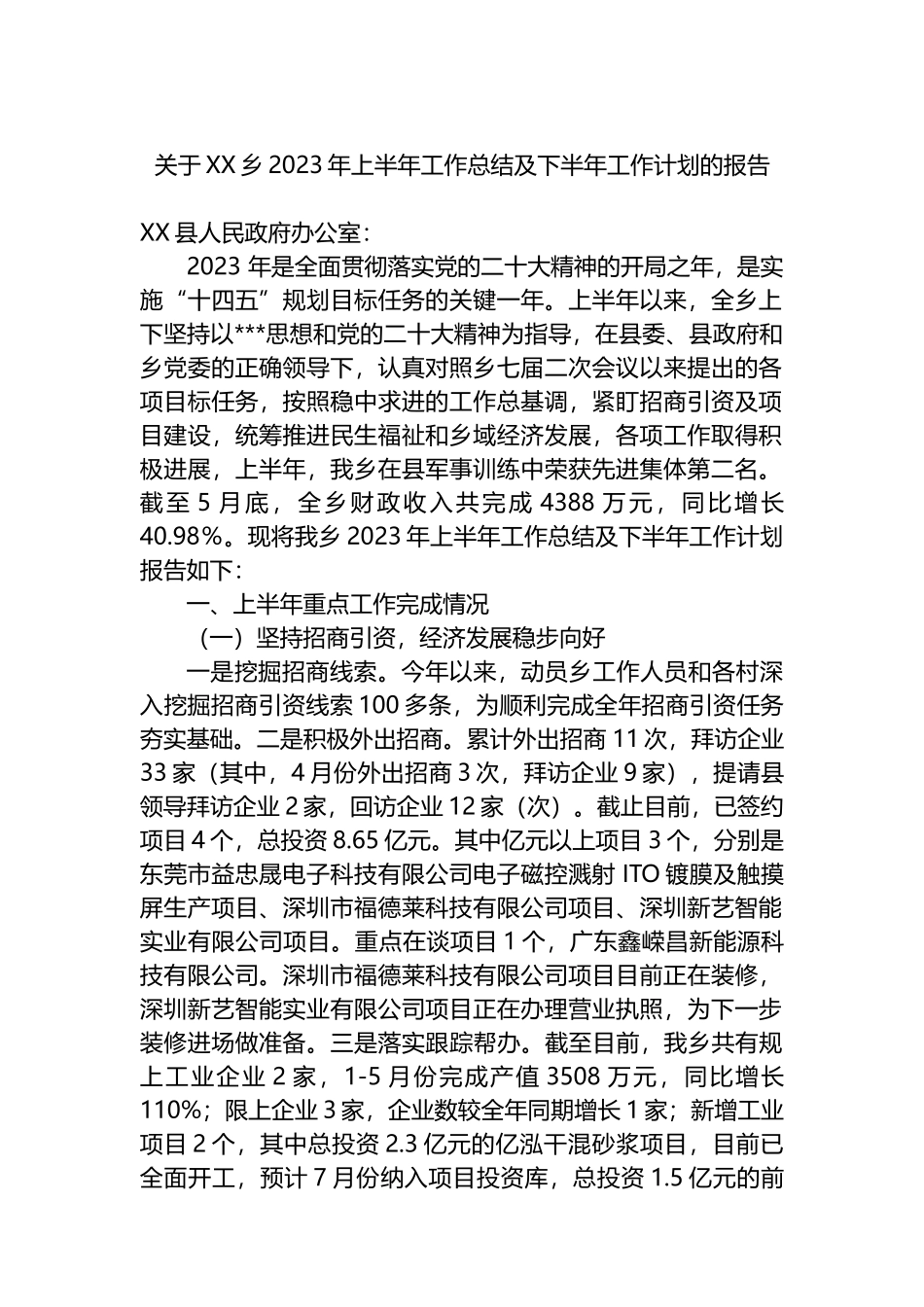 乡2023年上半年工作总结及下半年工作计划的报告_第1页