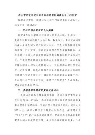 在全市民政系统目标任务推进情况调度会议上的发言