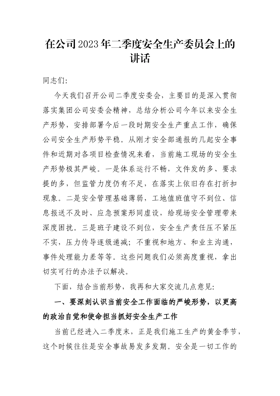 在公司2023年二季度安全生产委员会上的讲话_第1页