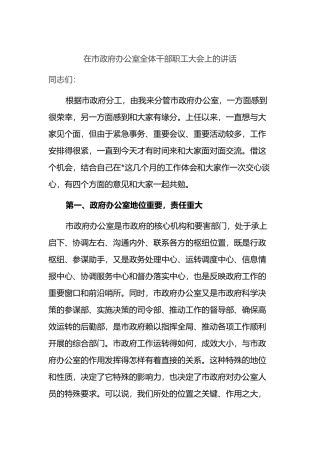 在市政府办公室全体干部职工大会上的讲话