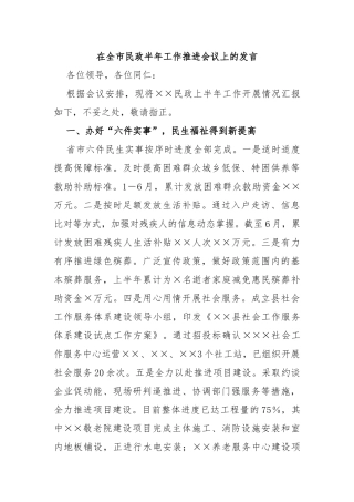 在全市民政半年工作推进会议上的发言