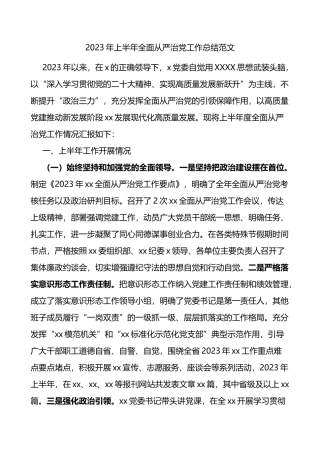 2023年上半年全面从严治党工作总结汇报报告