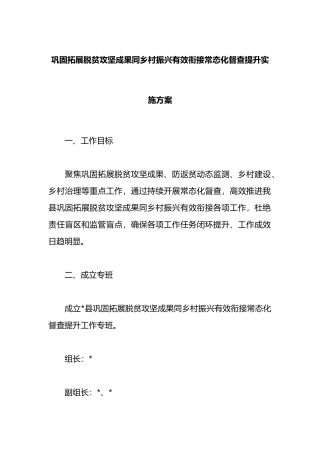 巩固拓展脱贫攻坚成果同乡村振兴有效衔接常态化督查提升实施方案