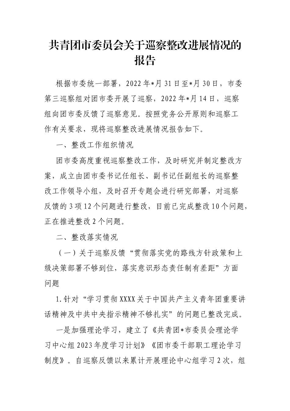 共青团市委员会巡察整改进展情况的报告_第1页