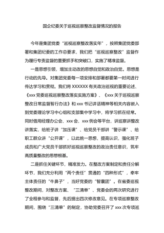 国企纪委巡视巡察整改监督情况的报告