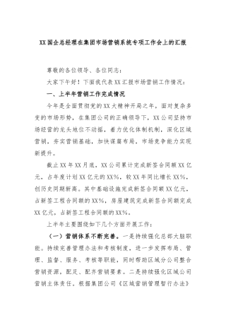 国企总经理在集团市场营销系统专项工作会上的汇报