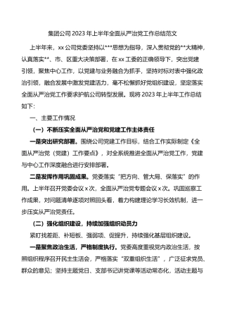 集团公司2023年上半年全面从严治党工作总结范文