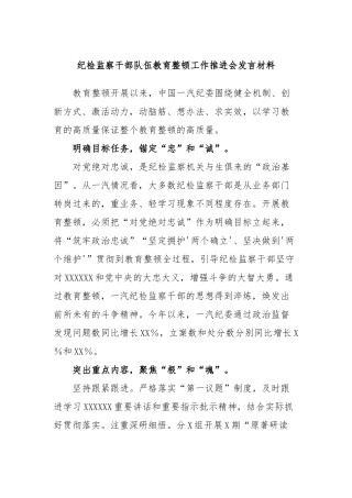 纪检监察干部队伍教育整顿工作推进会发言材料