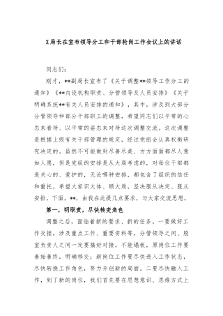 局长在宣布领导分工和干部轮岗工作会议上的讲话