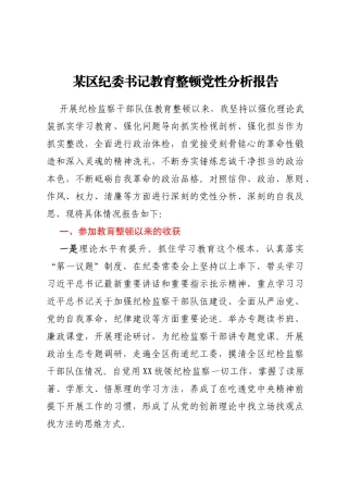 某区纪委书记教育整顿党性分析报告