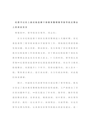 纪委书记在上级纪检监察干部教育整顿督导指导组反馈会上的表态发言