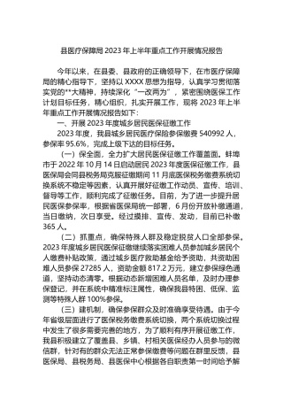 县医疗保障局2023年上半年重点工作开展情况报告（总结）
