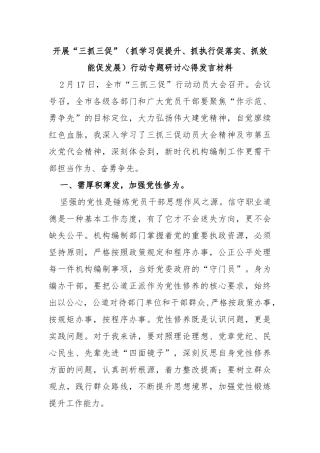 开展“三抓三促”（抓学习促提升、抓执行促落实、抓效能促发展）行动专题研讨心得发言材料