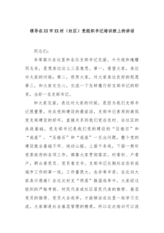 领导在市村（社区）党组织书记培训班上的讲话