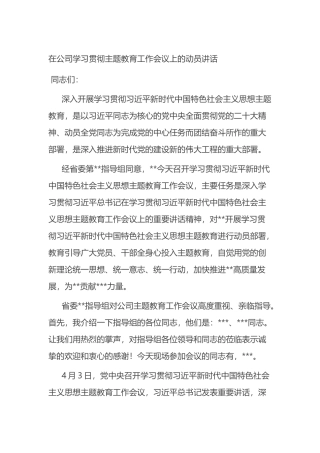 在公司学习贯彻主题教育工作会议上的动员讲话