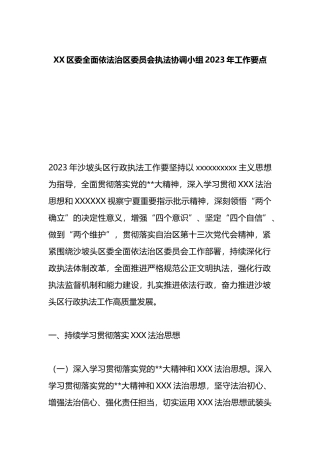 区委全面依法治区委员会执法协调小组2023年工作要点