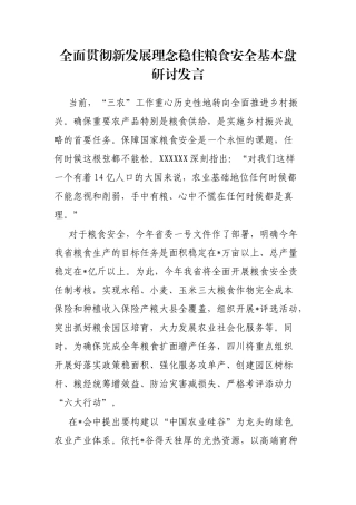 全面贯彻新发展理念稳住粮食安全基本盘研讨发言