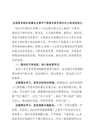 在国资系统和省属企业青年干部读书班开班仪式上的讲话公司