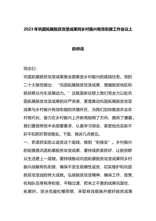 2023年巩固拓展脱贫攻坚成果同乡村振兴有效衔接工作会议上的讲话