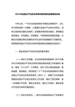 2023年全面从严治党主体责任落实情况自查报告总结