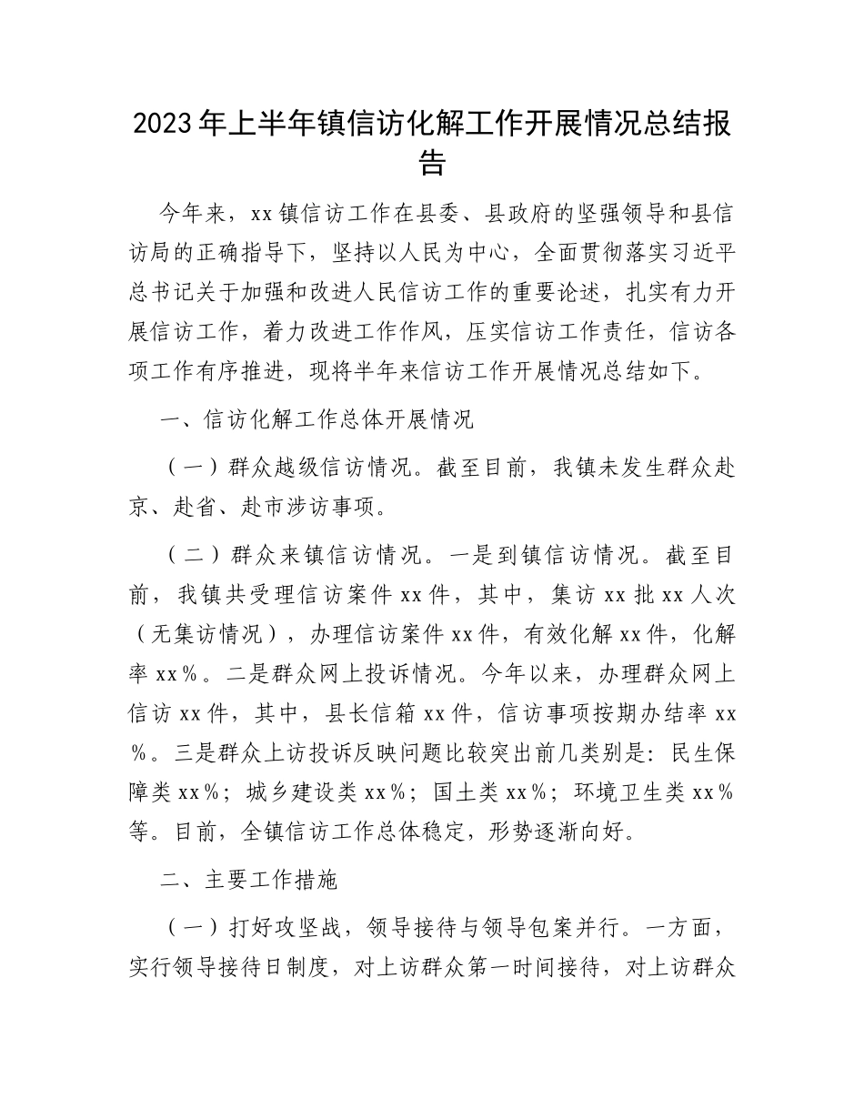 2023年上半年镇信访化解工作开展情况总结报告_第1页