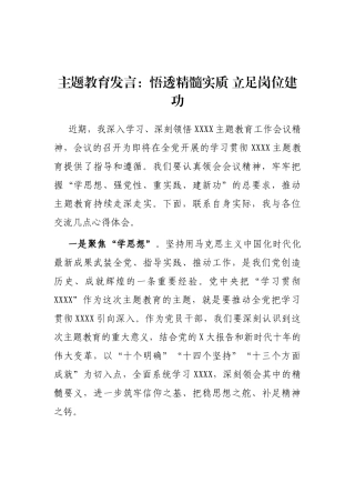 主题教育发言：悟透精髓实质 立足岗位建功