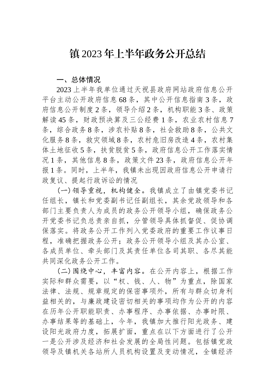 镇2023年上半年政务公开总结_第1页