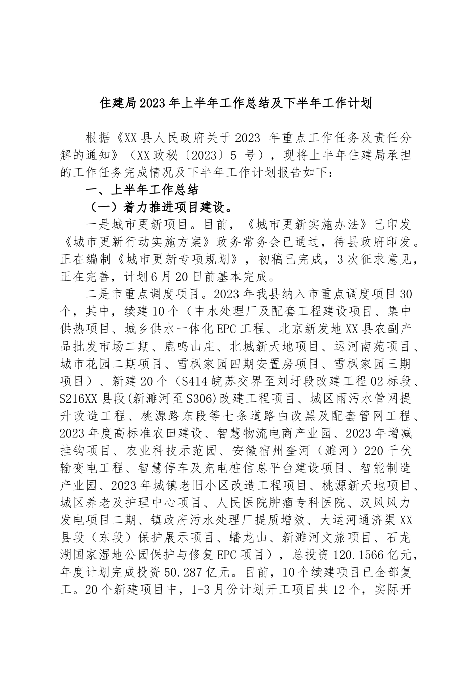 住建局2023年上半年工作总结及下半年工作计划_第1页