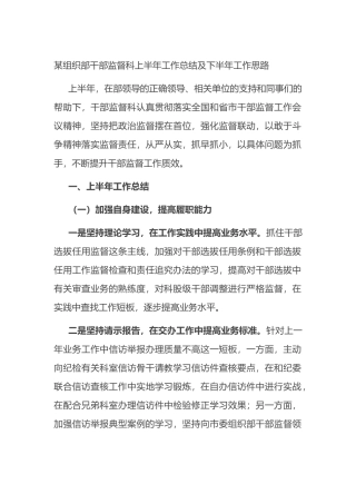 组织部干部监督科上半年工作总结及下半年工作思路（计划）
