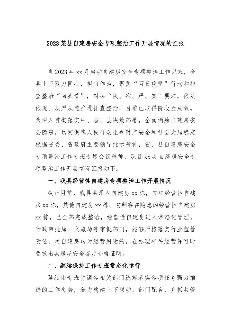 2023县自建房安全专项整治工作开展情况的汇报_第1页