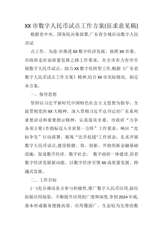 XX市数字人民币试点工作方案(征求意见稿)